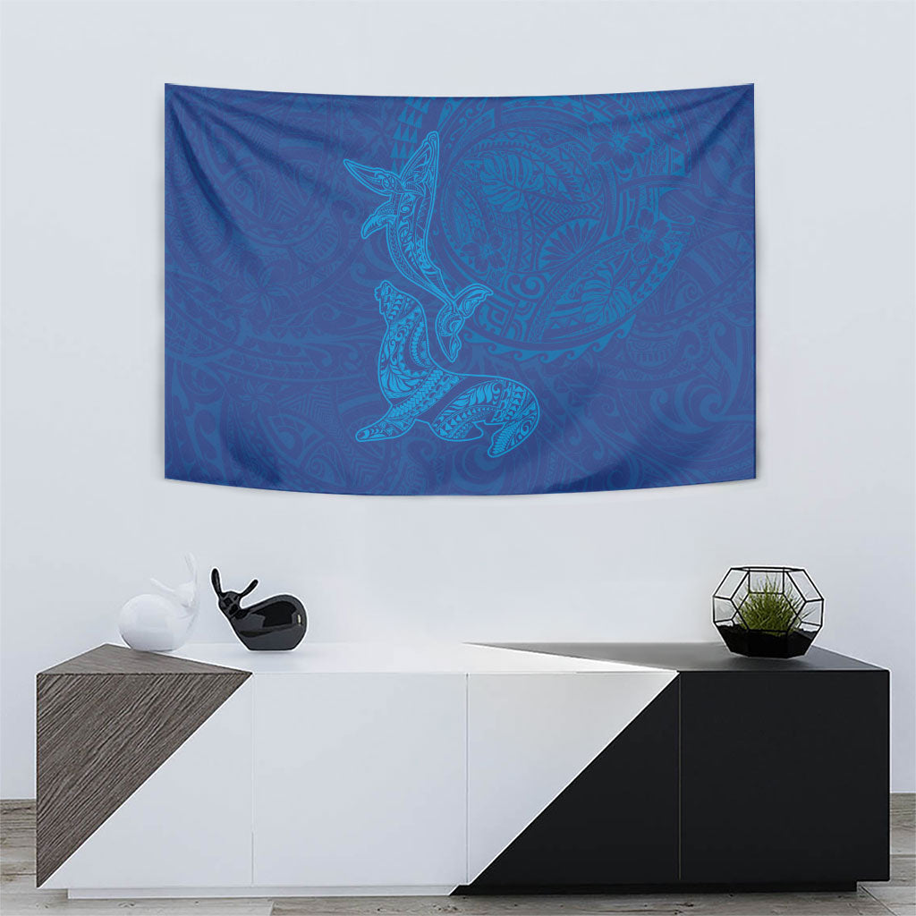 Hawaiian Monk Seal and Whale Tapestry Kakau Tribal Pattern Blue Color
