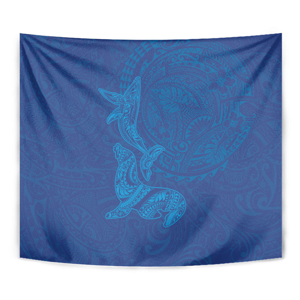 Hawaiian Monk Seal and Whale Tapestry Kakau Tribal Pattern Blue Color