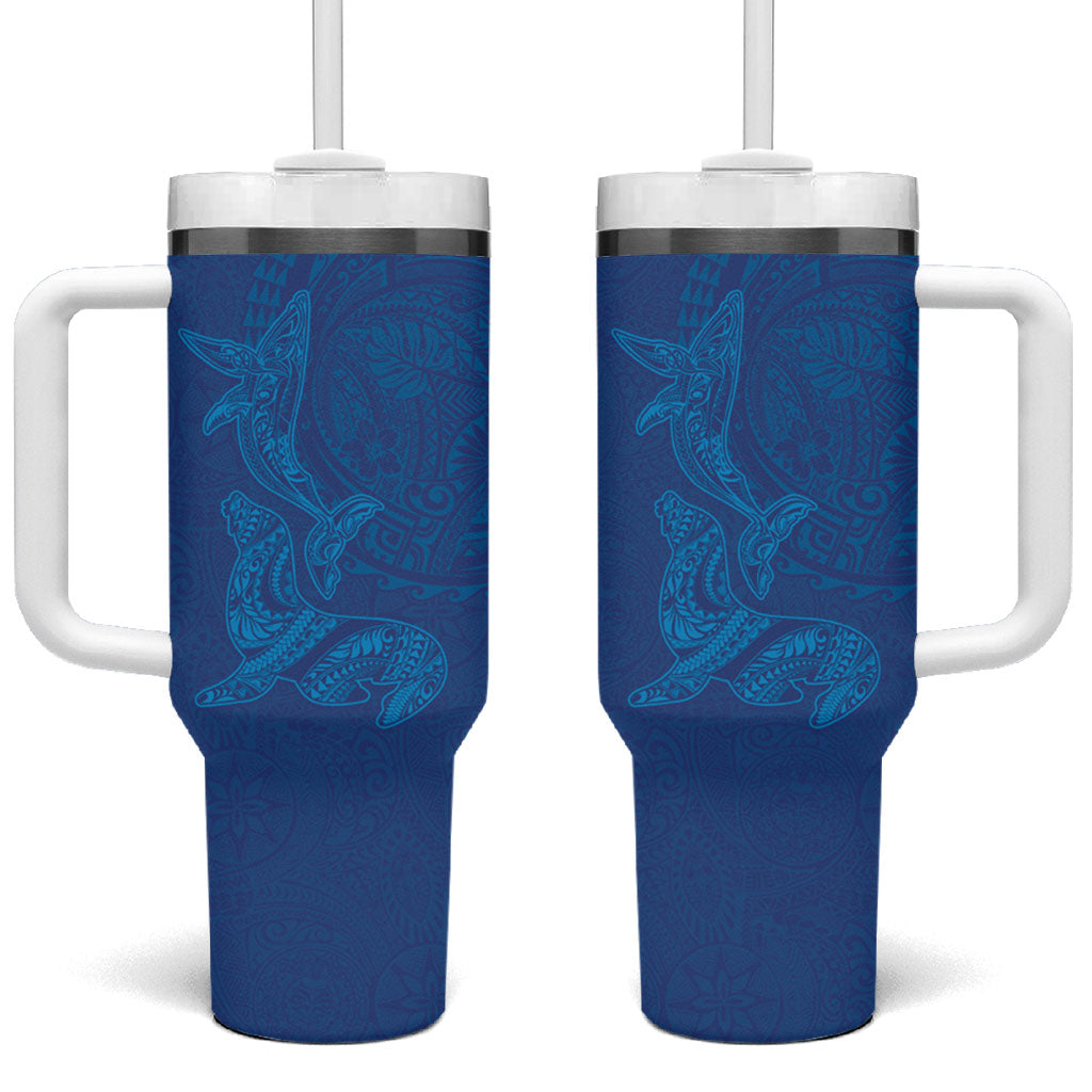 Hawaiian Monk Seal and Whale Tumbler With Handle Kakau Tribal Pattern Blue Color