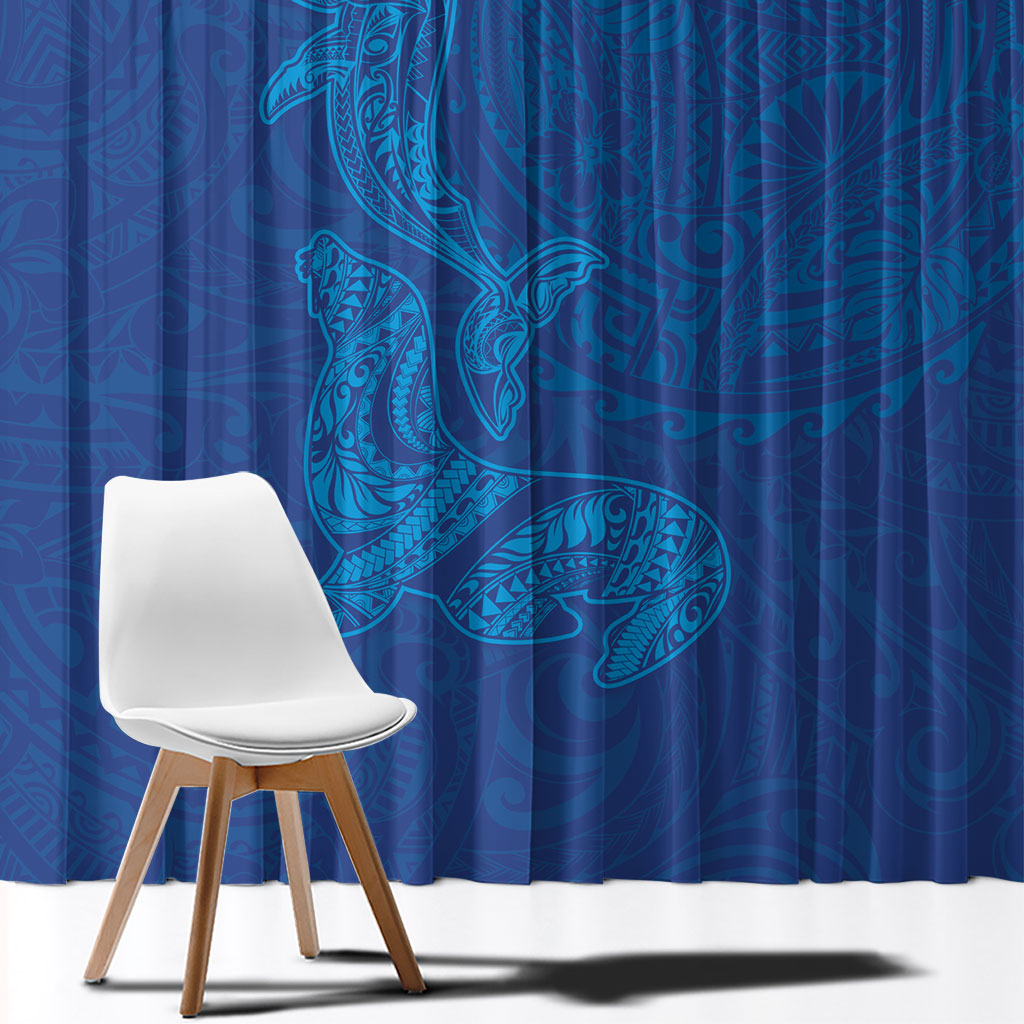 Hawaiian Monk Seal and Whale Window Curtain Kakau Tribal Pattern Blue Color
