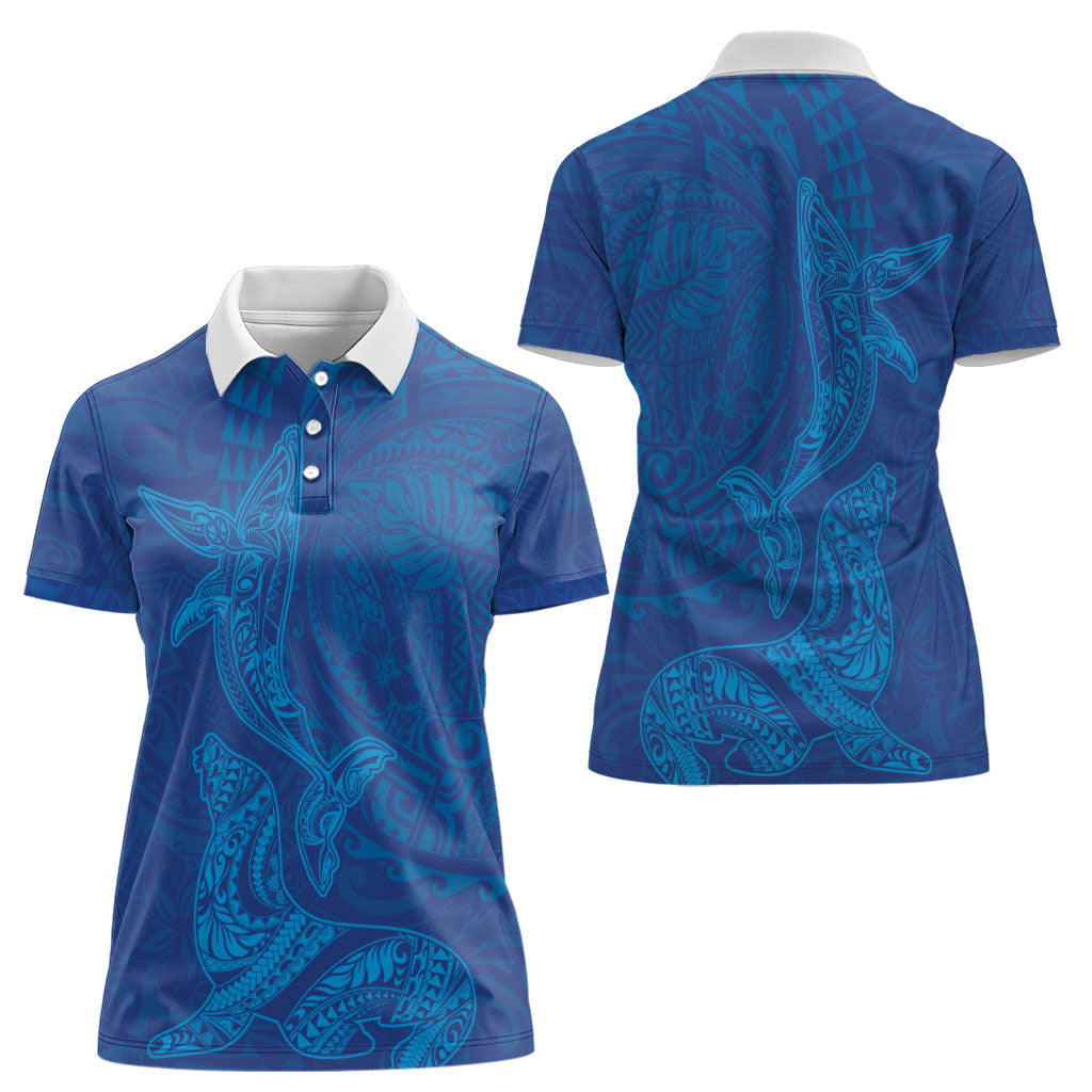 Hawaiian Monk Seal and Whale Women Polo Shirt Kakau Tribal Pattern Blue Color
