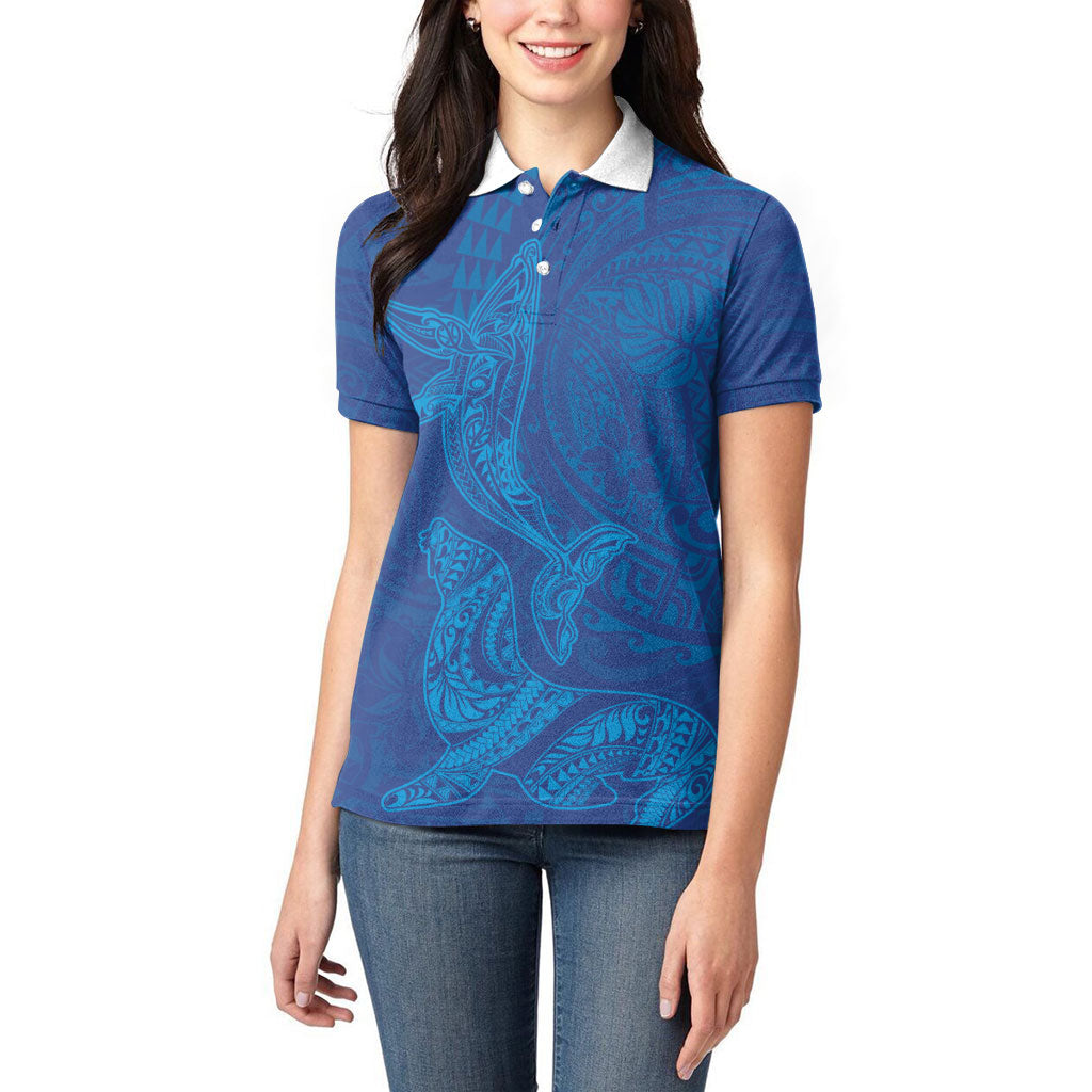 Hawaiian Monk Seal and Whale Women Polo Shirt Kakau Tribal Pattern Blue Color