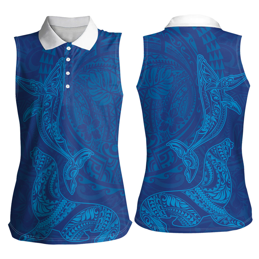 Hawaiian Monk Seal and Whale Women Sleeveless Polo Shirt Kakau Tribal Pattern Blue Color