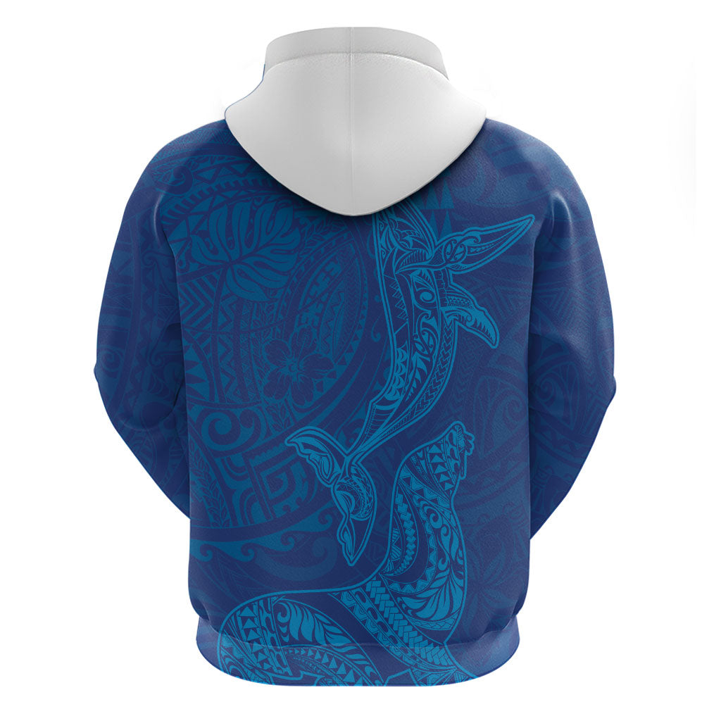 Hawaiian Monk Seal and Whale Zip Hoodie Kakau Tribal Pattern Blue Color