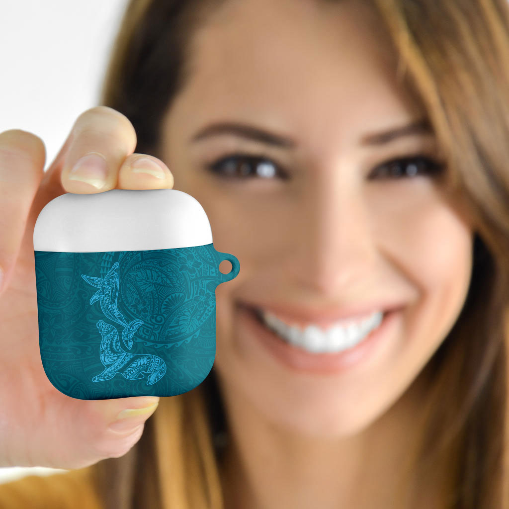 Hawaiian Monk Seal and Whale AirPods Case Kakau Tribal Pattern Teal Color