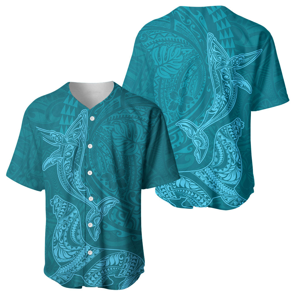 Hawaiian Monk Seal and Whale Baseball Jersey Kakau Tribal Pattern Teal Color
