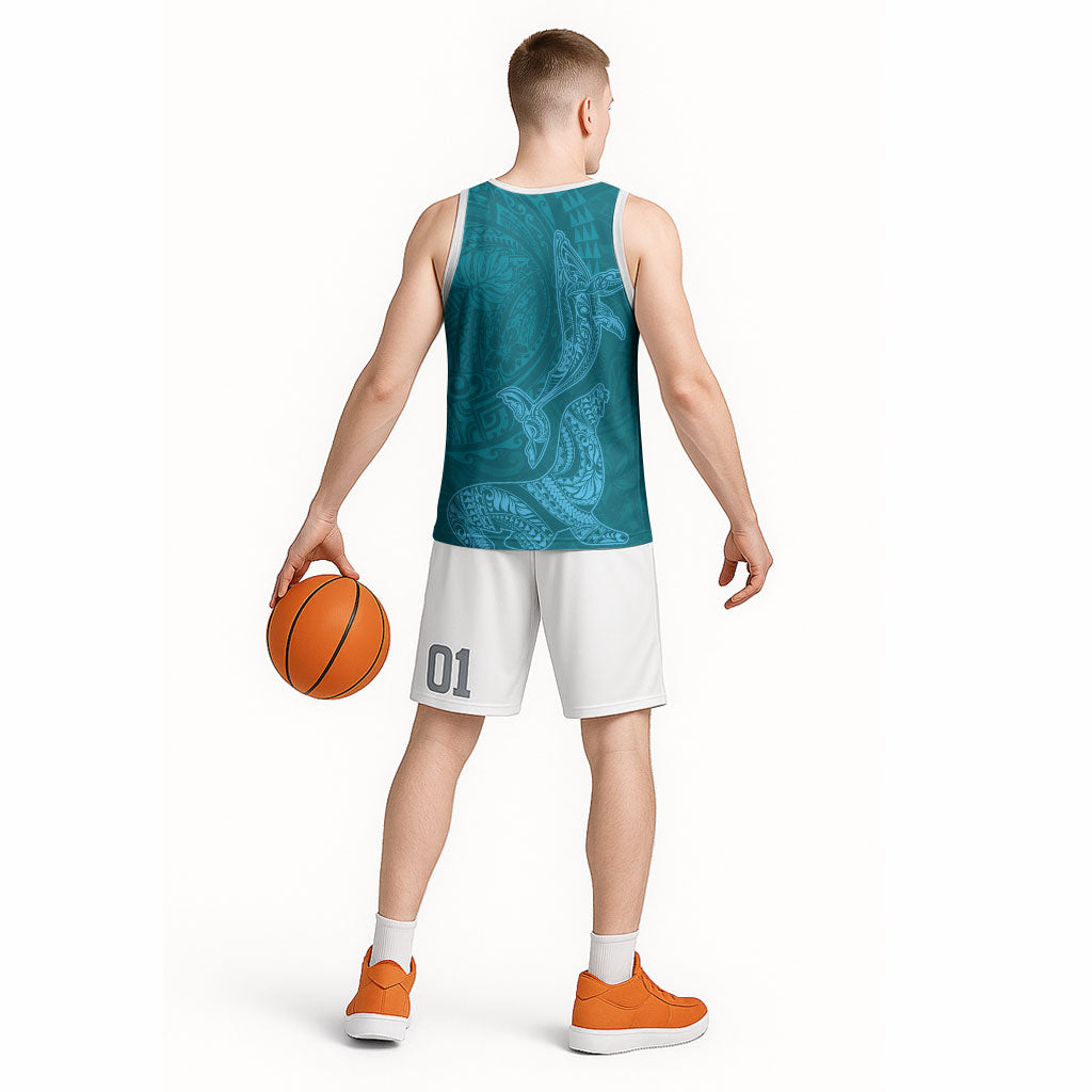 Hawaiian Monk Seal and Whale Basketball Jersey Kakau Tribal Pattern Teal Color