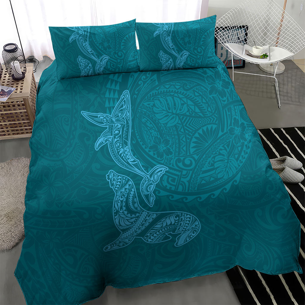 Hawaiian Monk Seal and Whale Bedding Set Kakau Tribal Pattern Teal Color