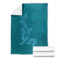 Hawaiian Monk Seal and Whale Blanket Kakau Tribal Pattern Teal Color