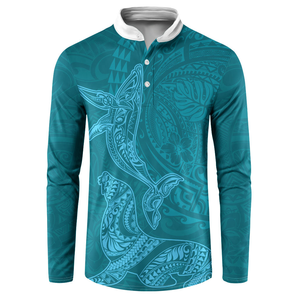 Hawaiian Monk Seal and Whale Button Sweatshirt Kakau Tribal Pattern Teal Color