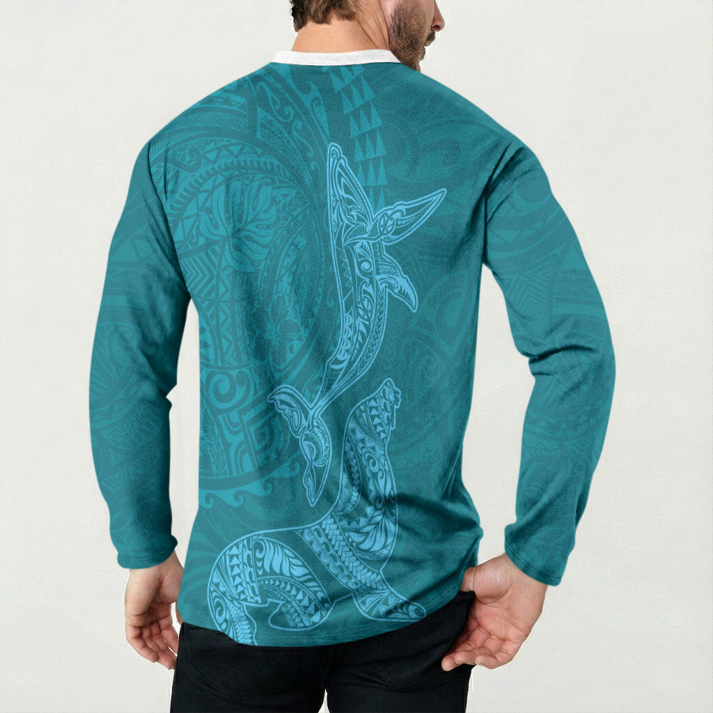 Hawaiian Monk Seal and Whale Button Sweatshirt Kakau Tribal Pattern Teal Color