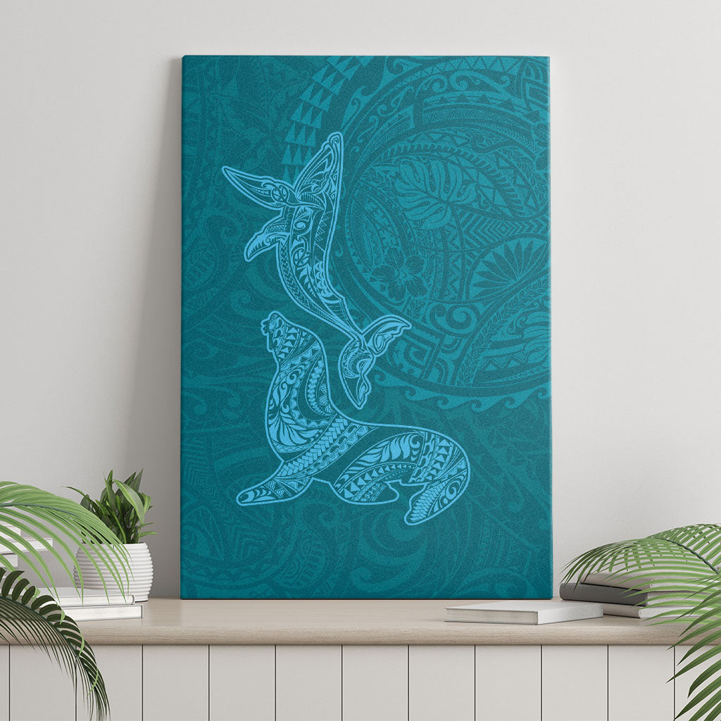 Hawaiian Monk Seal and Whale Canvas Wall Art Kakau Tribal Pattern Teal Color
