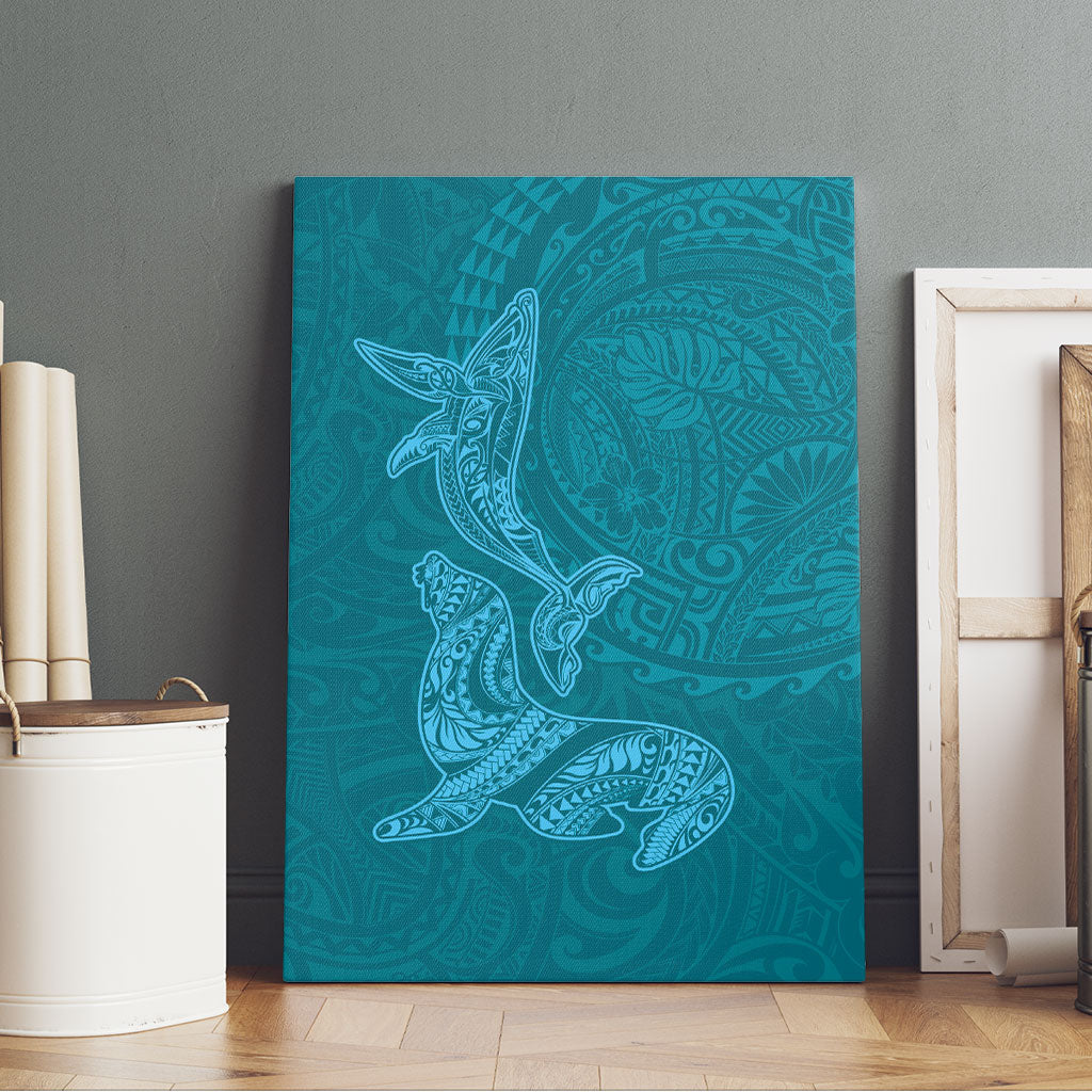 Hawaiian Monk Seal and Whale Canvas Wall Art Kakau Tribal Pattern Teal Color