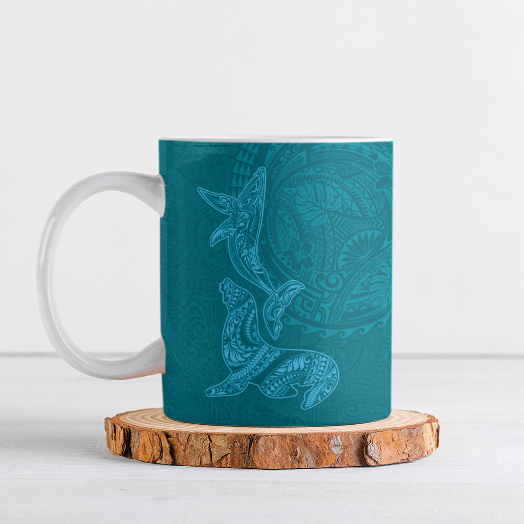Hawaiian Monk Seal and Whale Ceramic Mug Kakau Tribal Pattern Teal Color