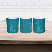 Hawaiian Monk Seal and Whale Ceramic Mug Kakau Tribal Pattern Teal Color