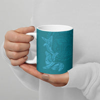 Hawaiian Monk Seal and Whale Ceramic Mug Kakau Tribal Pattern Teal Color