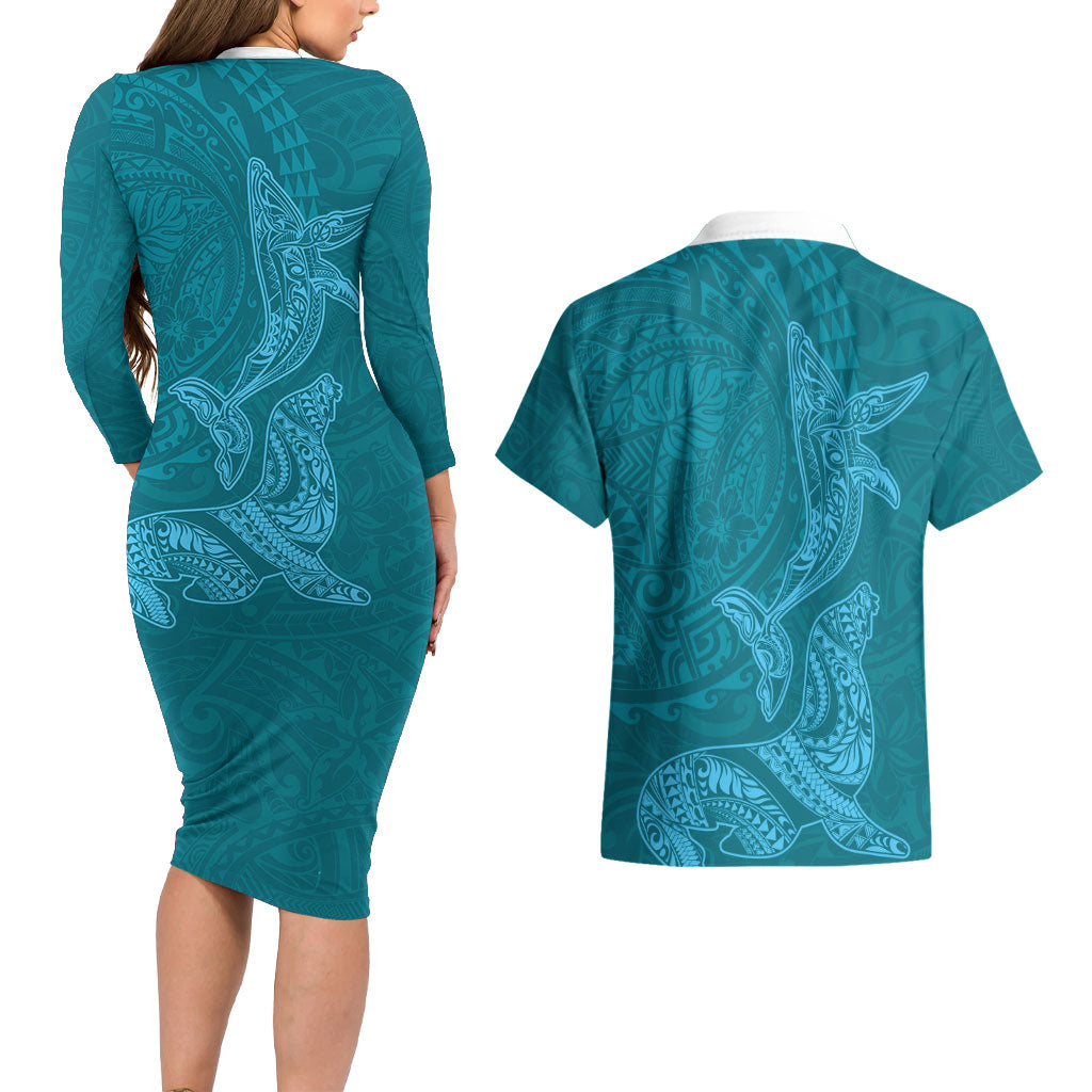 Hawaiian Monk Seal and Whale Couples Matching Long Sleeve Bodycon Dress and Hawaiian Shirt Kakau Tribal Pattern Teal Color LT03 - Polynesian Pride