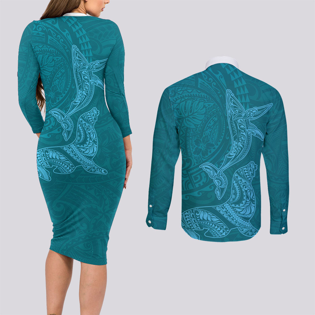Hawaiian Monk Seal and Whale Couples Matching Long Sleeve Bodycon Dress and Long Sleeve Button Shirt Kakau Tribal Pattern Teal Color