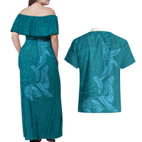 Hawaiian Monk Seal and Whale Couples Matching Off Shoulder Maxi Dress and Hawaiian Shirt Kakau Tribal Pattern Teal Color