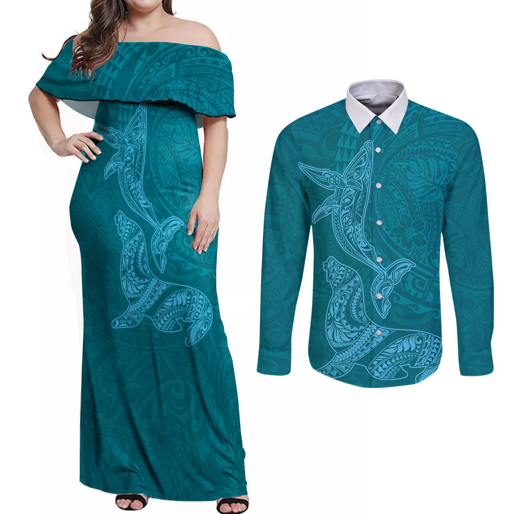 Hawaiian Monk Seal and Whale Couples Matching Off Shoulder Maxi Dress and Long Sleeve Button Shirt Kakau Tribal Pattern Teal Color