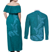 Hawaiian Monk Seal and Whale Couples Matching Off Shoulder Maxi Dress and Long Sleeve Button Shirt Kakau Tribal Pattern Teal Color