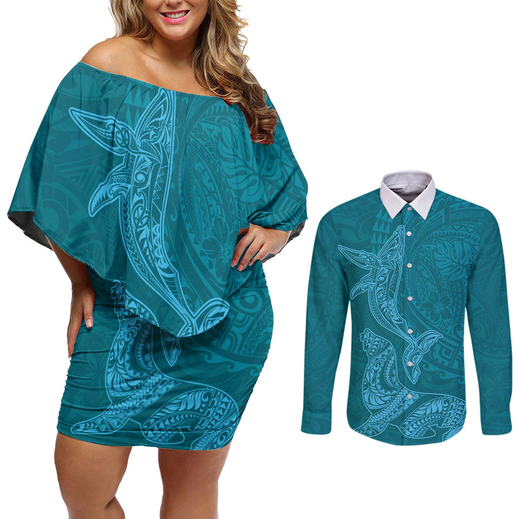 Hawaiian Monk Seal and Whale Couples Matching Off Shoulder Short Dress and Long Sleeve Button Shirt Kakau Tribal Pattern Teal Color