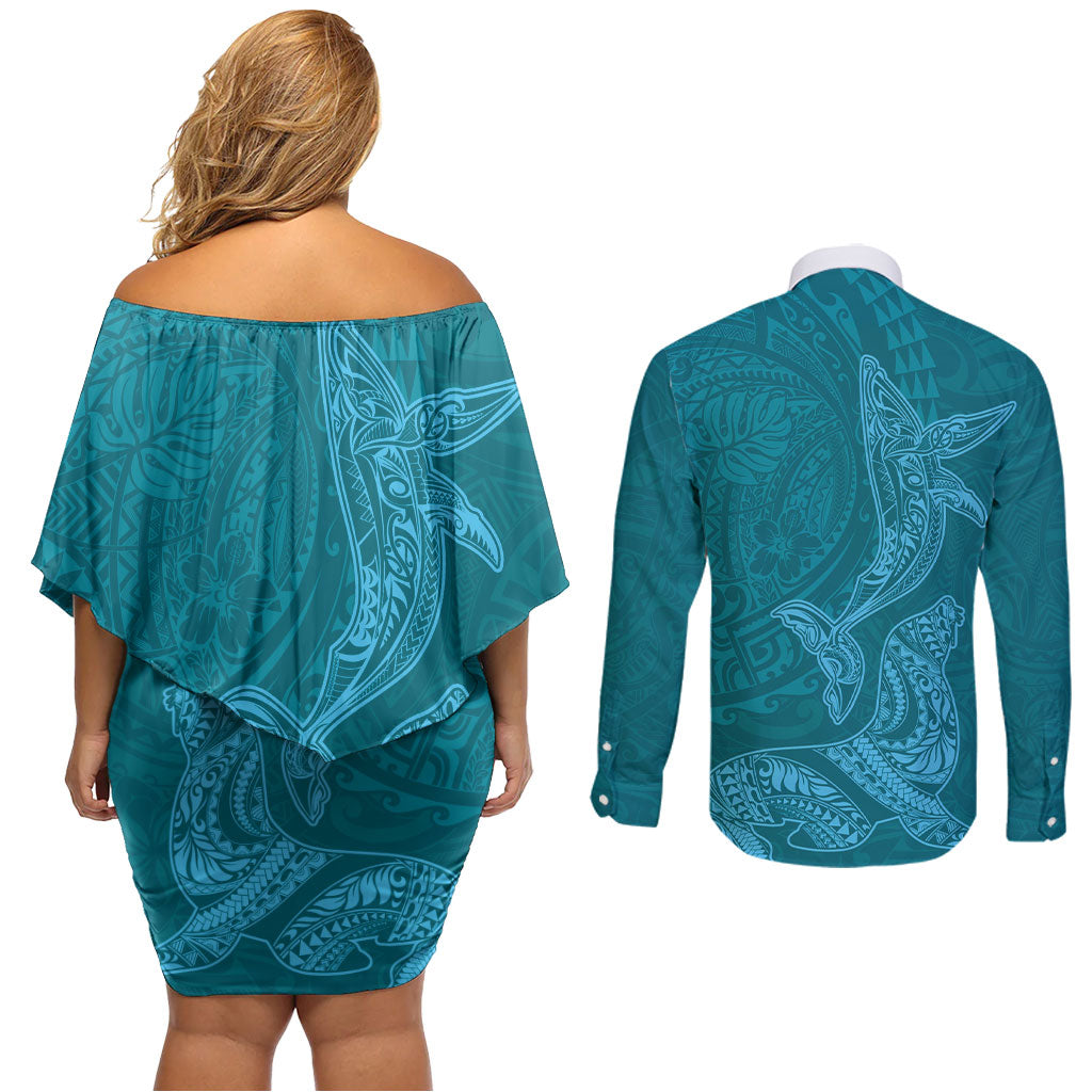 Hawaiian Monk Seal and Whale Couples Matching Off Shoulder Short Dress and Long Sleeve Button Shirt Kakau Tribal Pattern Teal Color
