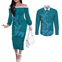 Hawaiian Monk Seal and Whale Couples Matching Off The Shoulder Long Sleeve Dress and Long Sleeve Button Shirt Kakau Tribal Pattern Teal Color