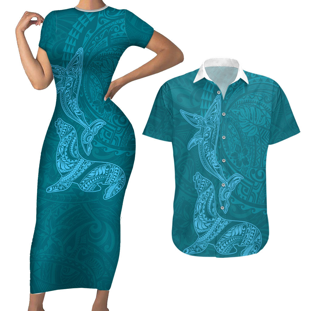 Hawaiian Monk Seal and Whale Couples Matching Short Sleeve Bodycon Dress and Hawaiian Shirt Kakau Tribal Pattern Teal Color LT03 Teal - Polynesian Pride