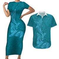 Hawaiian Monk Seal and Whale Couples Matching Short Sleeve Bodycon Dress and Hawaiian Shirt Kakau Tribal Pattern Teal Color LT03 Teal - Polynesian Pride