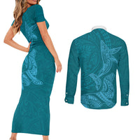 Hawaiian Monk Seal and Whale Couples Matching Short Sleeve Bodycon Dress and Long Sleeve Button Shirt Kakau Tribal Pattern Teal Color