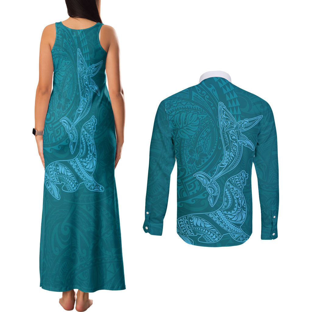 Hawaiian Monk Seal and Whale Couples Matching Tank Maxi Dress and Long Sleeve Button Shirt Kakau Tribal Pattern Teal Color