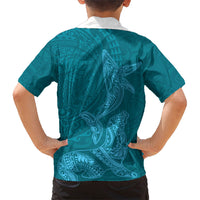 Hawaiian Monk Seal and Whale Family Matching Off The Shoulder Long Sleeve Dress and Hawaiian Shirt Kakau Tribal Pattern Teal Color LT03 - Polynesian Pride