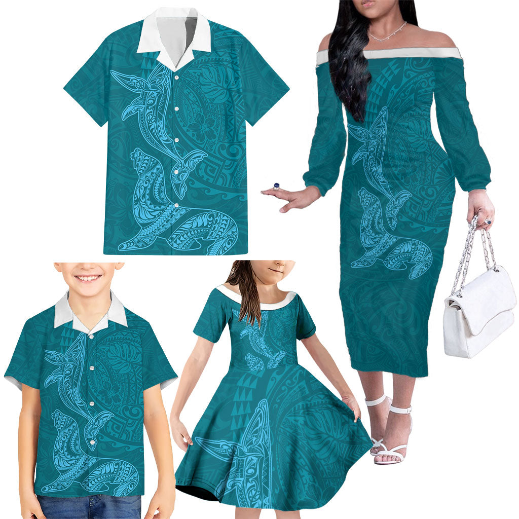 Hawaiian Monk Seal and Whale Family Matching Off The Shoulder Long Sleeve Dress and Hawaiian Shirt Kakau Tribal Pattern Teal Color LT03 - Polynesian Pride
