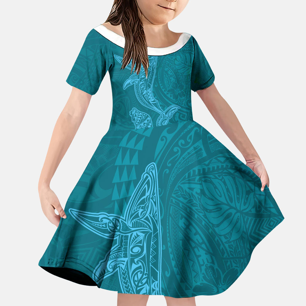 Hawaiian Monk Seal and Whale Family Matching Off Shoulder Maxi Dress and Hawaiian Shirt Kakau Tribal Pattern Teal Color LT03 Daughter's Dress Teal - Polynesian Pride