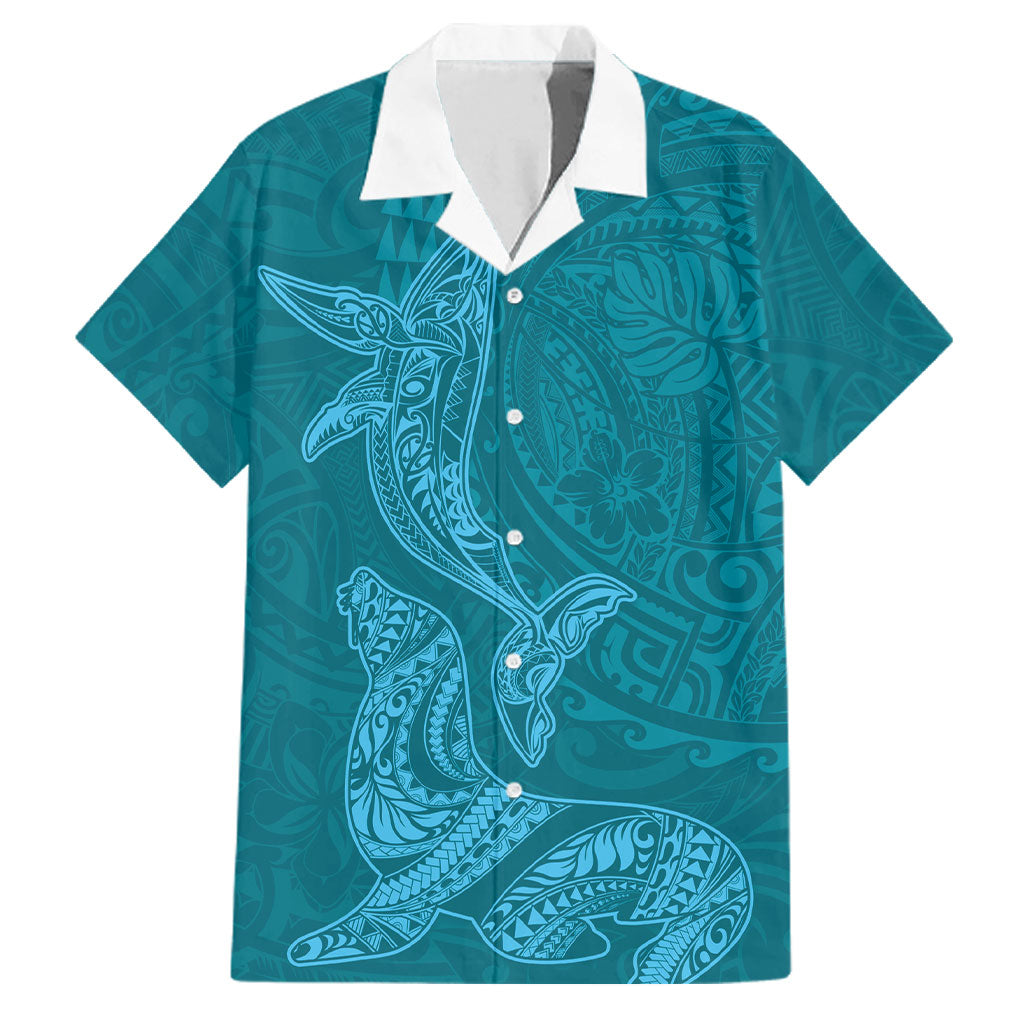 Hawaiian Monk Seal and Whale Family Matching Off Shoulder Maxi Dress and Hawaiian Shirt Kakau Tribal Pattern Teal Color LT03 Dad's Shirt - Short Sleeve Teal - Polynesian Pride