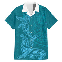 Hawaiian Monk Seal and Whale Family Matching Off Shoulder Maxi Dress and Hawaiian Shirt Kakau Tribal Pattern Teal Color LT03 Dad's Shirt - Short Sleeve Teal - Polynesian Pride