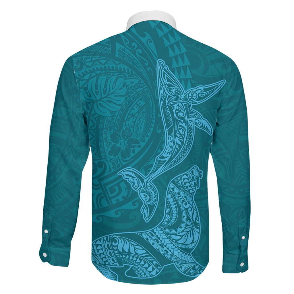 Hawaiian Monk Seal and Whale Family Matching Off Shoulder Maxi Dress and Hawaiian Shirt Kakau Tribal Pattern Teal Color LT03 - Polynesian Pride