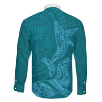 Hawaiian Monk Seal and Whale Family Matching Off Shoulder Maxi Dress and Hawaiian Shirt Kakau Tribal Pattern Teal Color LT03 - Polynesian Pride