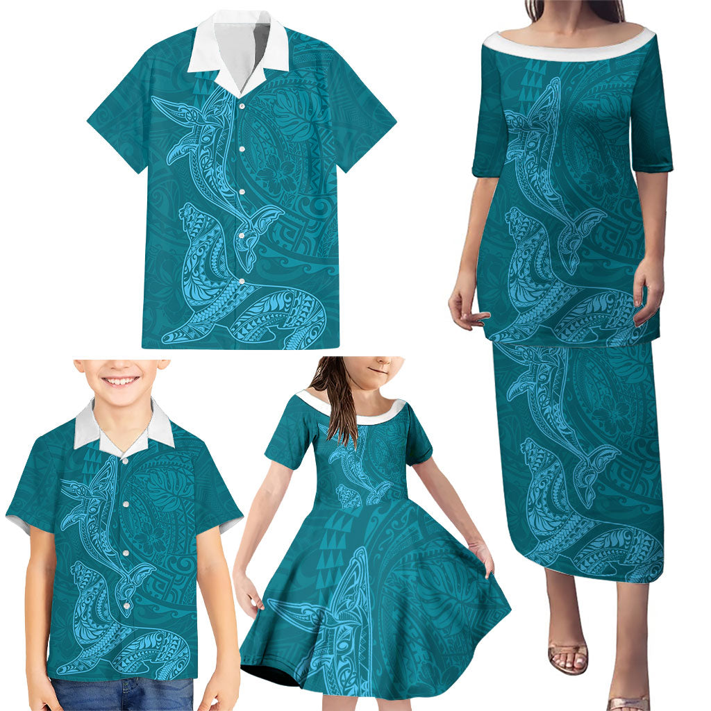 Hawaiian Monk Seal and Whale Family Matching Puletasi and Hawaiian Shirt Kakau Tribal Pattern Teal Color