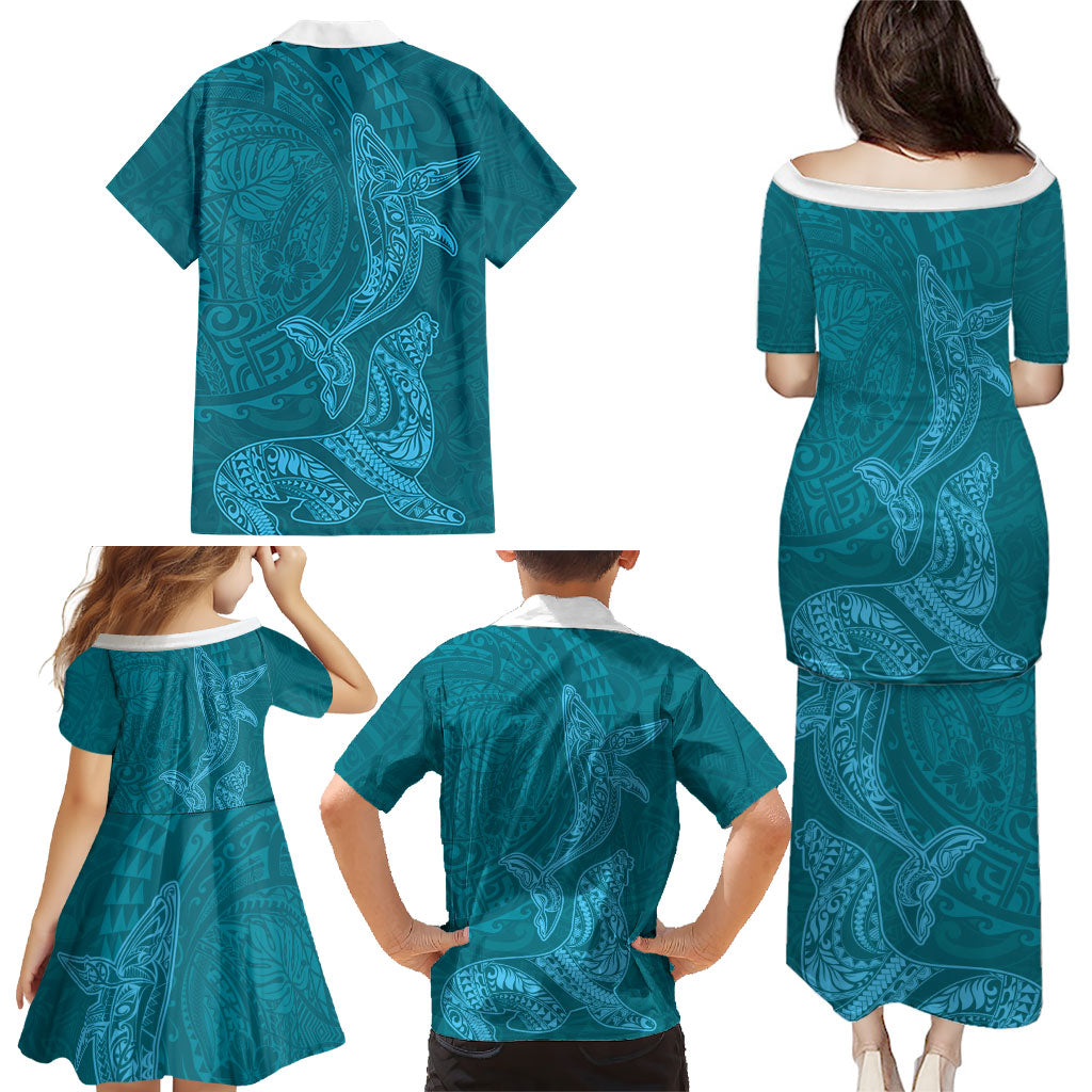 Hawaiian Monk Seal and Whale Family Matching Puletasi and Hawaiian Shirt Kakau Tribal Pattern Teal Color LT03 - Polynesian Pride
