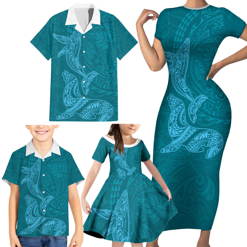 Hawaiian Monk Seal and Whale Family Matching Short Sleeve Bodycon Dress and Hawaiian Shirt Kakau Tribal Pattern Teal Color