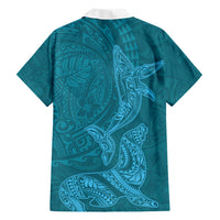 Hawaiian Monk Seal and Whale Family Matching Summer Maxi Dress and Hawaiian Shirt Kakau Tribal Pattern Teal Color LT03 - Polynesian Pride