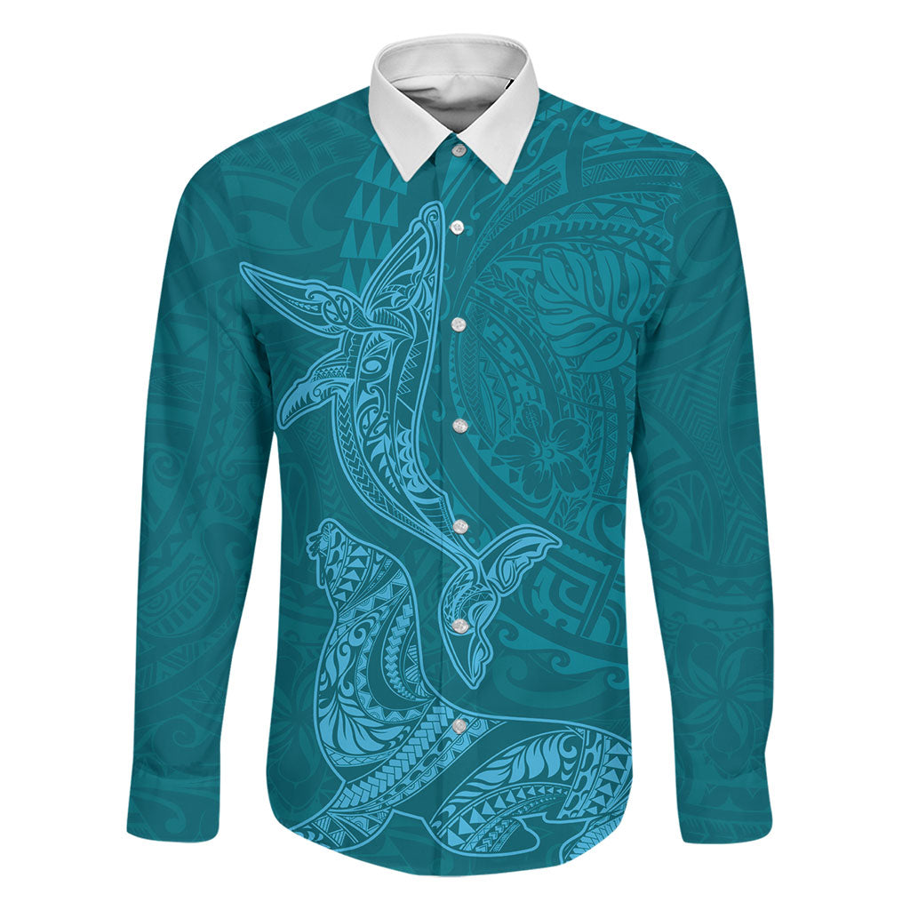 Hawaiian Monk Seal and Whale Family Matching Summer Maxi Dress and Hawaiian Shirt Kakau Tribal Pattern Teal Color LT03 Dad's Shirt - Long Sleeve Teal - Polynesian Pride