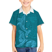 Hawaiian Monk Seal and Whale Family Matching Summer Maxi Dress and Hawaiian Shirt Kakau Tribal Pattern Teal Color LT03 Son's Shirt Teal - Polynesian Pride