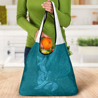 Hawaiian Monk Seal and Whale Grocery Bag Kakau Tribal Pattern Teal Color