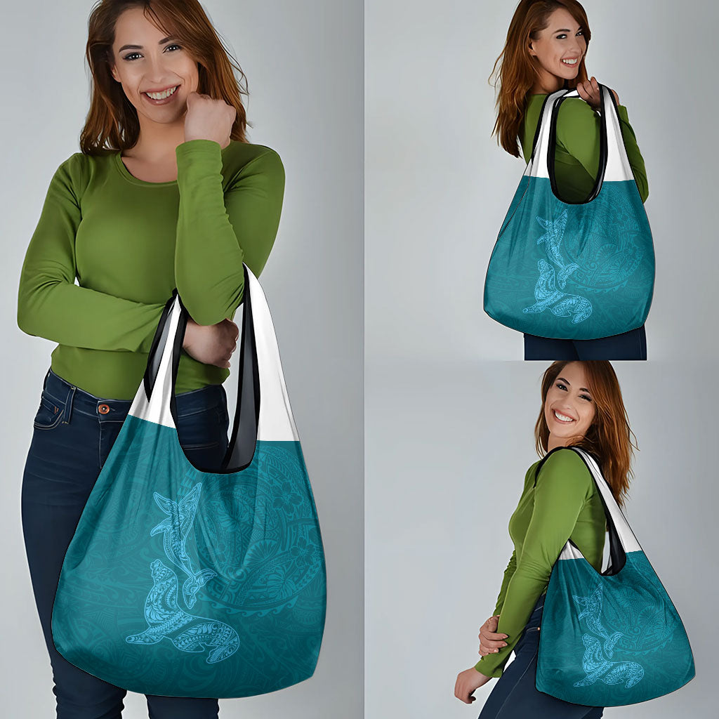 Hawaiian Monk Seal and Whale Grocery Bag Kakau Tribal Pattern Teal Color