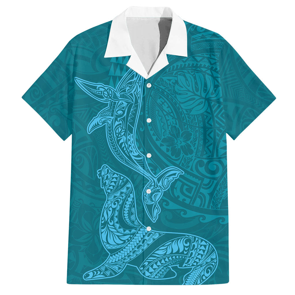 Hawaiian Monk Seal and Whale Hawaiian Shirt Kakau Tribal Pattern Teal Color