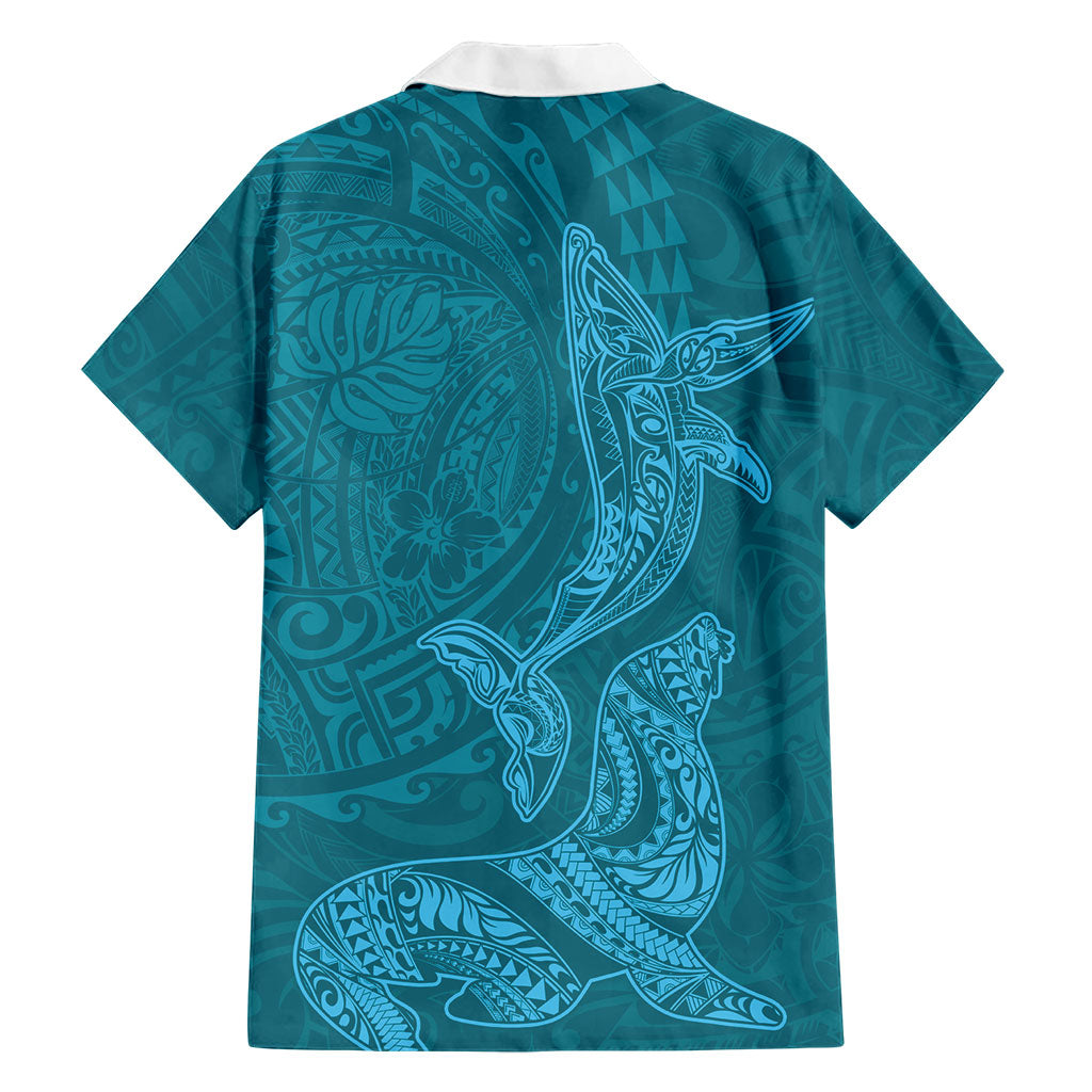 Hawaiian Monk Seal and Whale Hawaiian Shirt Kakau Tribal Pattern Teal Color