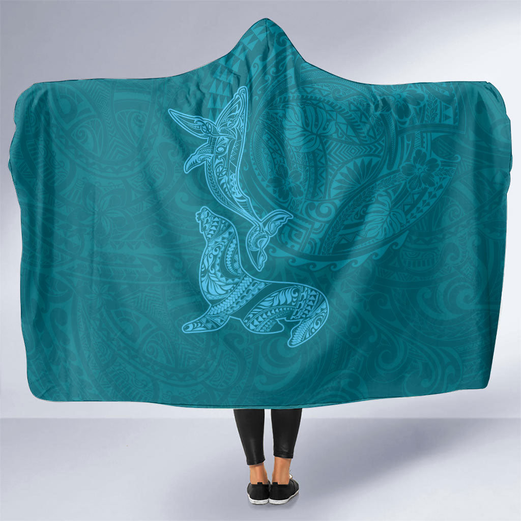 Hawaiian Monk Seal and Whale Hooded Blanket Kakau Tribal Pattern Teal Color